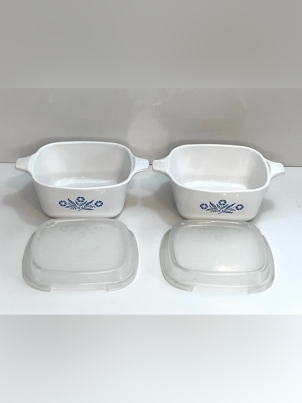 2 Vtg Corning Ware Cornflower Blue Dishes W Storage Lids P-43-B 22oz Made In USA